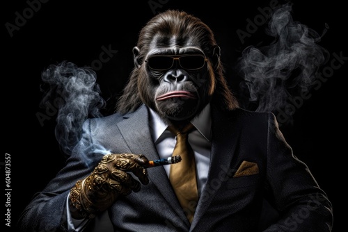 Smoking A Cigar Gorilla In Suit And Sunglasses On Black Background. Generative AI photo