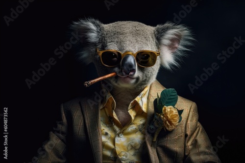Smoking A Cigar Koala In Suit And Sunglasses On Black Background. Generative AI