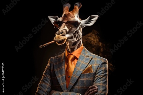 Smoking A Cigar Giraffe In Suit And Sunglasses On Black Background. Generative AI