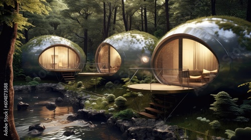 3D Render Bioadaptive Living Pods With Shapeshifting Architecture. Generative AI photo