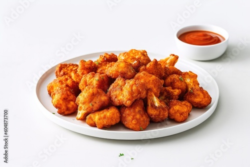 Vegan Cauliflower Wings On White Round Plate On White Background. Generative AI