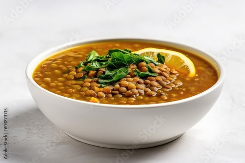 Vegan Lentil Soup On White Round Plate On White Background. Generative AI photo