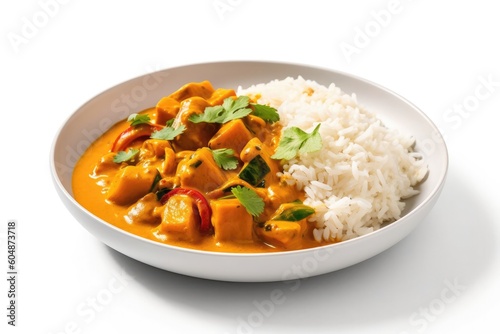 Vegan Coconut Curry On White Round Plate On White Background. Generative AI