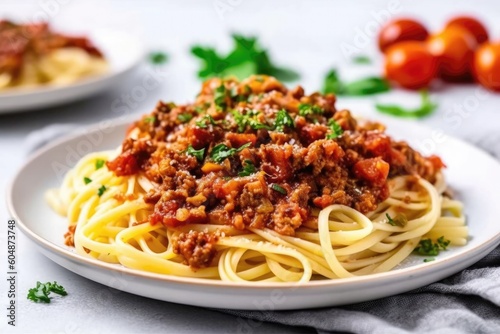 Vegan Mushroom And Walnut Bolognese On White Round Plate On White Background. Generative AI