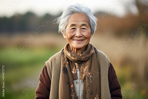 Environmental portrait photography of a grinning old woman wearing a cozy sweater against a serene zen garden background. With generative AI technology