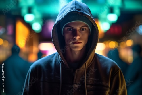 Environmental portrait photography of a glad kid male wearing a cozy zip-up hoodie against a lively night club background. With generative AI technology