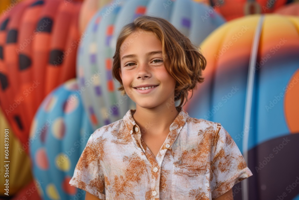 Medium shot portrait photography of a grinning kid female wearing a casual short-sleeve shirt against a colorful hot air balloon background. With generative AI technology