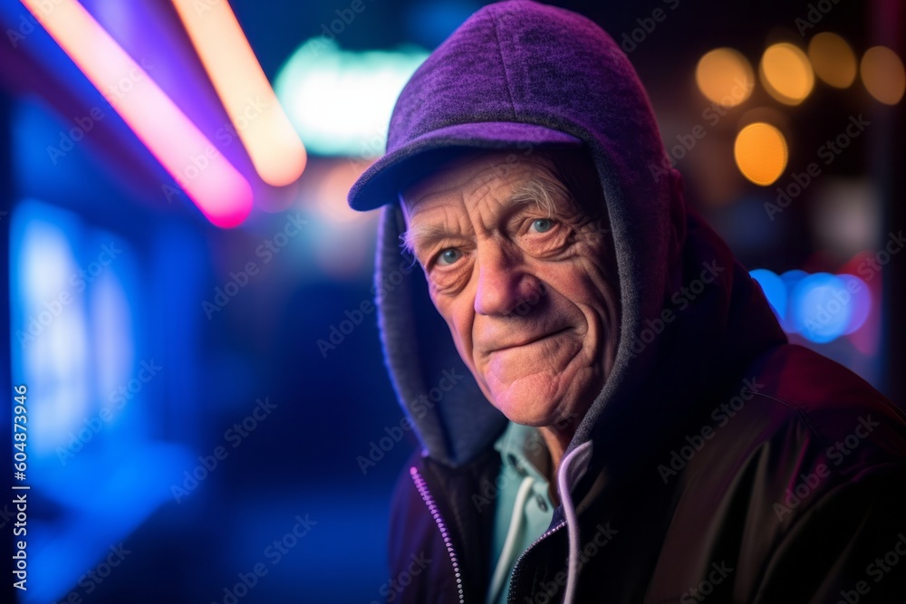 Conceptual portrait photography of a glad old man wearing a cozy zip-up