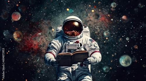  Astronaut reading a book in space, Generative AI