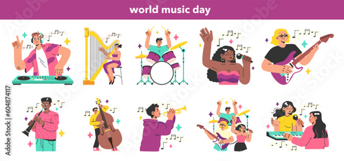 Canvas Print Performing musicians set. Characters playing musical instruments