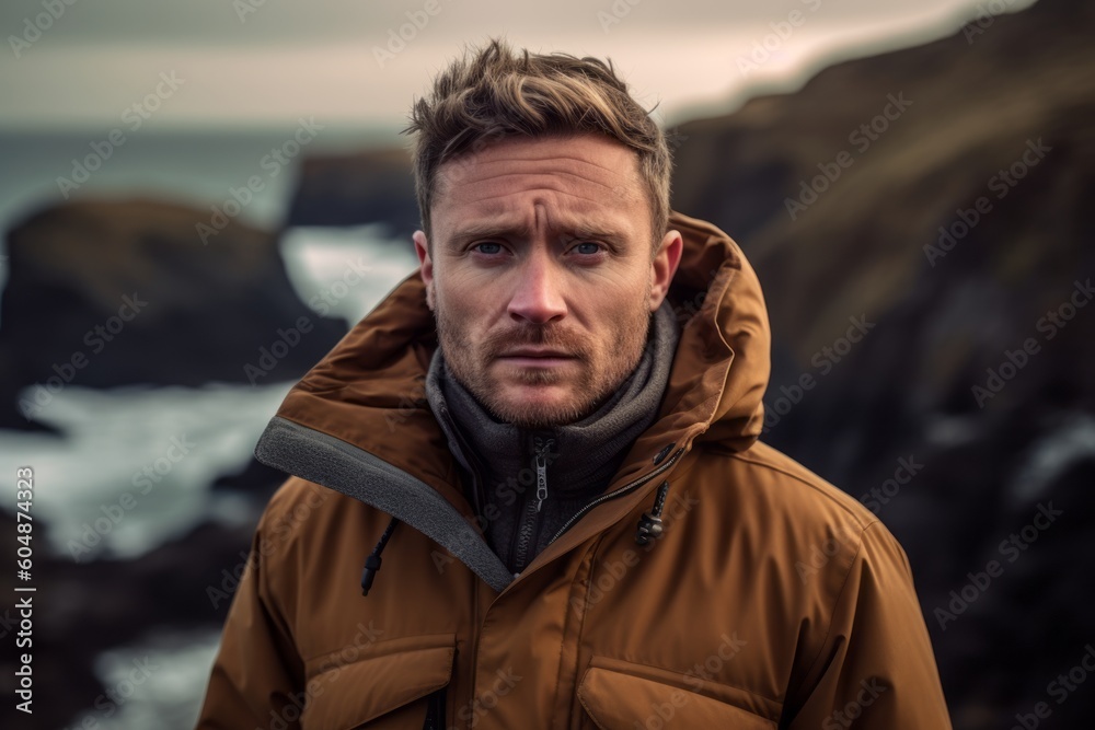 Close-up portrait photography of a glad boy in his 30s wearing a cozy winter coat against a dramatic coastal cliff background. With generative AI technology