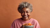 A senior woman, smiling while having a healthy breakfast in a light studio. Generative AI