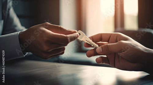 A home rental company employee hand the house key in trust and security