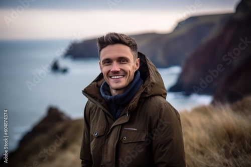 Environmental portrait photography of a joyful boy in his 30s wearing a cozy winter coat against a dramatic coastal cliff background. With generative AI technology