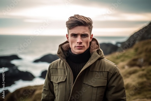 Close-up portrait photography of a glad boy in his 30s wearing a cozy winter coat against a dramatic coastal cliff background. With generative AI technology