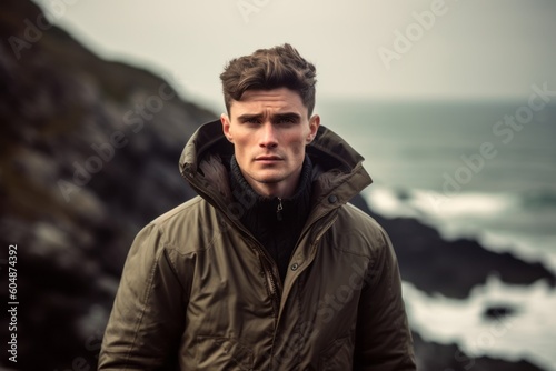 Close-up portrait photography of a glad boy in his 30s wearing a cozy winter coat against a dramatic coastal cliff background. With generative AI technology