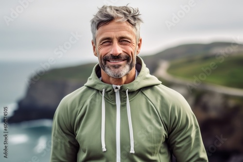 Medium shot portrait photography of a joyful mature man wearing a comfortable tracksuit against a dramatic coastal cliff background. With generative AI technology
