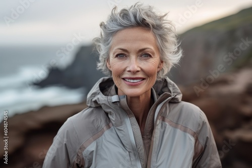 Lifestyle portrait photography of a glad mature woman wearing a lightweight windbreaker against a dramatic coastal cliff background. With generative AI technology