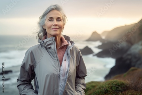 Lifestyle portrait photography of a glad mature woman wearing a lightweight windbreaker against a dramatic coastal cliff background. With generative AI technology