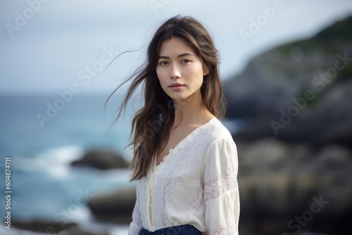 Lifestyle portrait photography of a tender mature girl wearing a sophisticated blouse against a dramatic coastal cliff background. With generative AI technology © Markus Schröder