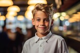 Medium shot portrait photography of a happy kid male wearing an elegant long-sleeve shirt against a classic diner background. With generative AI technology