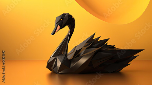 Fototapeta Naklejka Na Ścianę i Meble -  Black Origami style swan on yellow background 3D art style