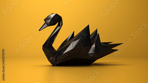 Fototapeta Naklejka Na Ścianę i Meble -  Black Origami style swan on yellow background 3D art style