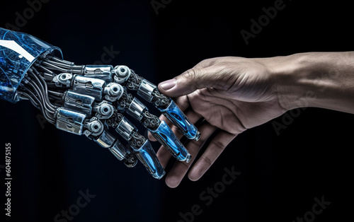a robotic human hand reaching out to touch a human hand, generative AI © AltPix