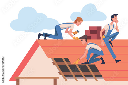 Roof Repair with People Construction Workers Characters Working Vector Illustration