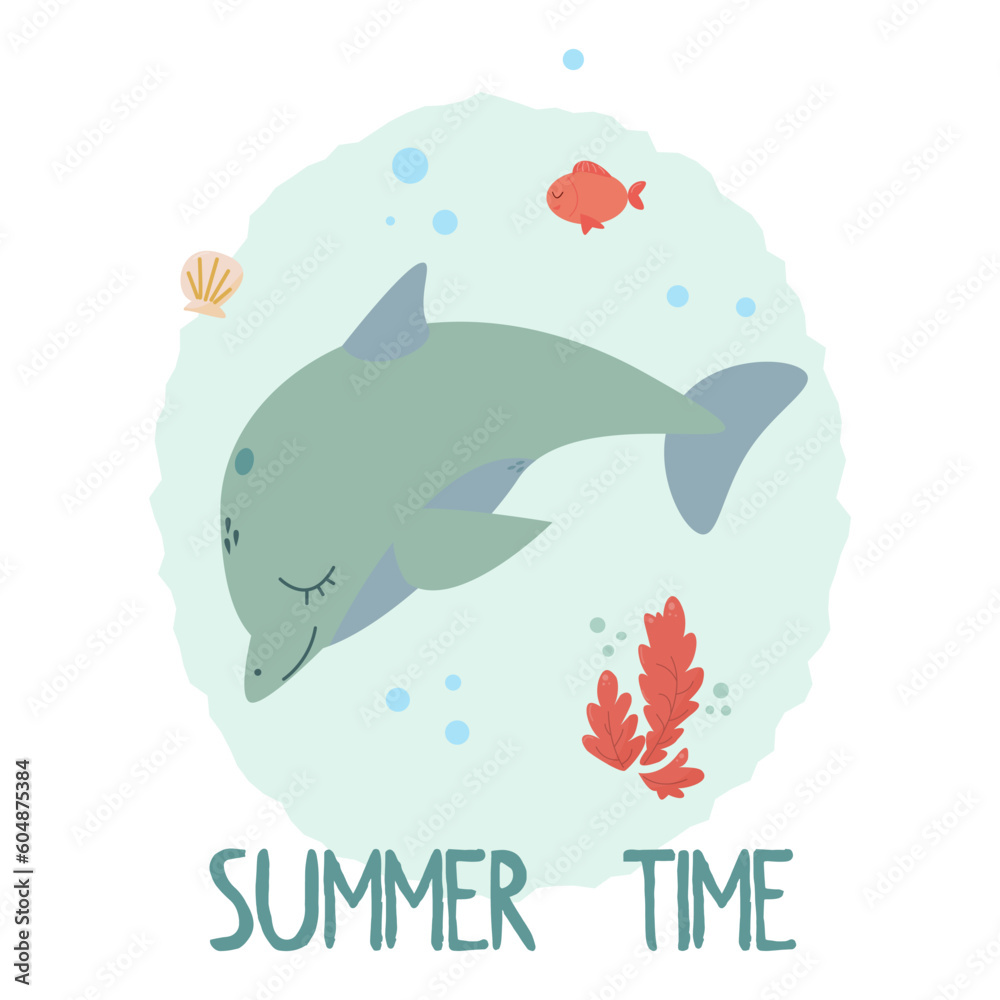 Naklejka premium vector poster with a small dolphin in the sea