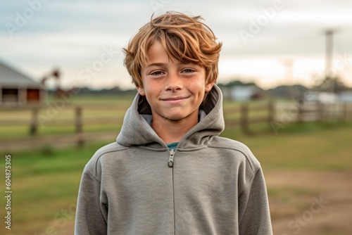 Medium shot portrait photography of a satisfied kid male wearing a stylish hoodie against a sprawling ranch background. With generative AI technology