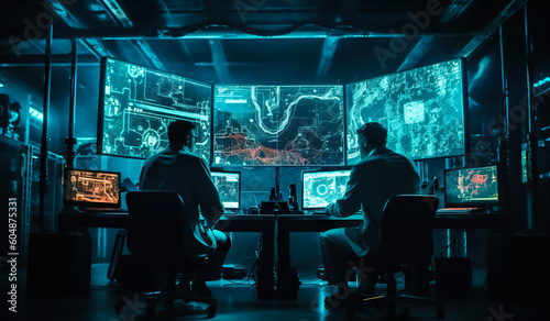 Two scientist men in a dark control center with computers, cybernetic sci-fi, network analysis, generative AI photo
