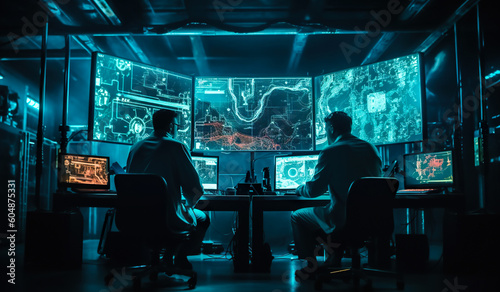 Two scientist men in a dark control center with computers, cybernetic sci-fi, network analysis, generative AI