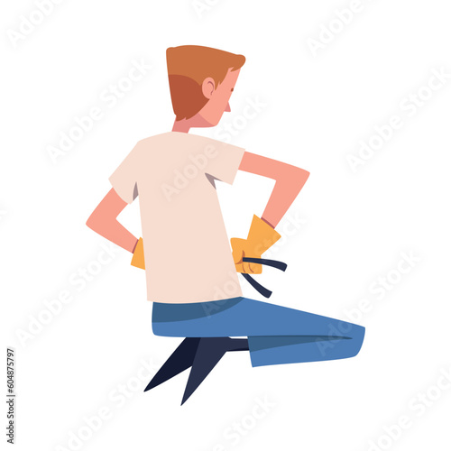 Man Construction Worker Character Sitting in Gloves with Pliers Engaged in Roof Repair Vector Illustration