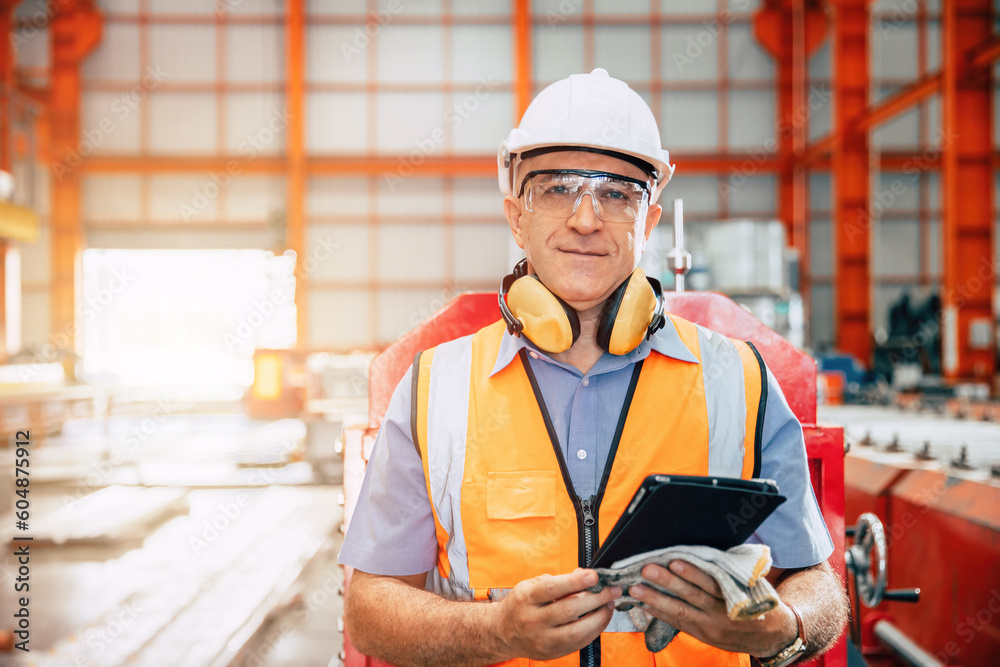 Portrait senior engineer male supervisor working in heavy metal manufactory hand holding tablet. Portrait senior engineer male supervisor working in heavy metal manufactory hand holding tablet.
