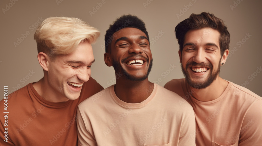 Three men friends showcase their joy and friendship in a light studio portrait. Generative AI Three men friends showcase their joy and friendship in a light studio portrait. Generative AI