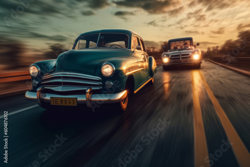 Vintage car overtaking a car, with a time warp effect, showcasing the contrast between classic and contemporary styles, appealing to nostalgia and evoking a sense of timelessness. Generative AI © bluebeat76