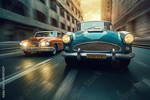 Vintage car overtaking a car  with a time warp effect  showcasing the contrast between classic and contemporary styles  appealing to nostalgia and evoking a sense of timelessness. Generative AI
