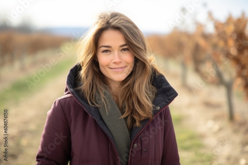 Medium shot portrait photography of a happy mature girl wearing a cozy winter coat against a picturesque vineyard background. With generative AI technology