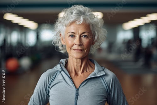 Medium shot portrait photography of a glad mature woman wearing a comfortable tracksuit against a modern fitness center background. With generative AI technology
