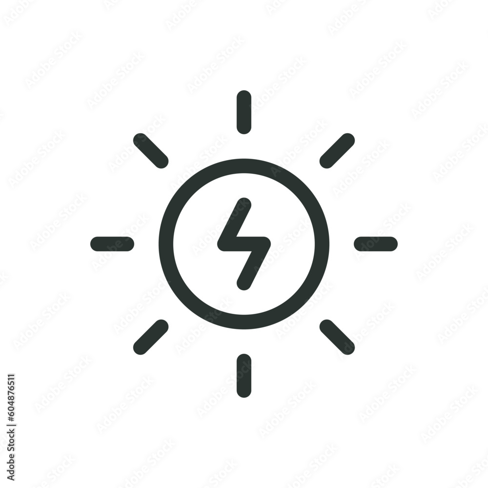 Solar power isolated icon, sun with lighting bolt vector icon with editable stroke Solar power isolated icon, sun with lighting bolt vector icon with editable stroke