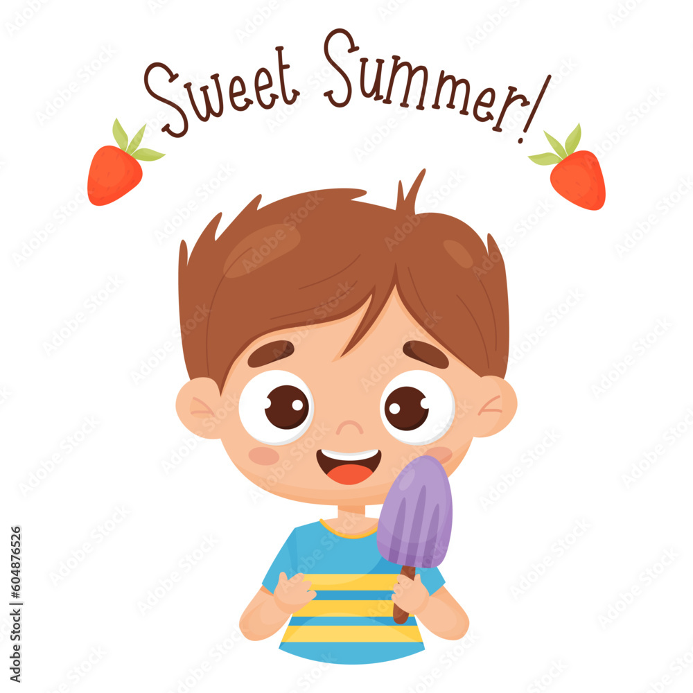 Happy boy with popsicles on stick. Cute male baby character and ice cream. Vector illustration in cartoon style. Postcard sweet summer .