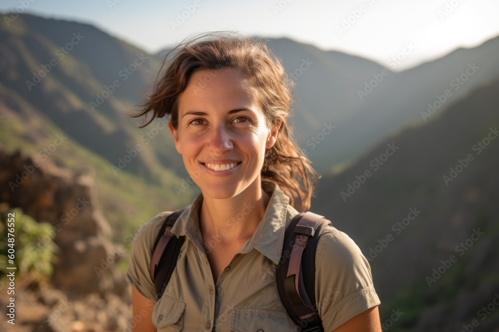 Environmental portrait photography of a glad girl in her 30s wearing a casual short-sleeve shirt against a scenic mountain trail background. With generative AI technology