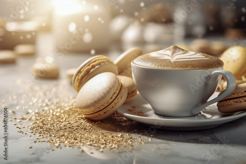 Tasty macaroons on a stone table with golden glitter. Super photo realistic background  generative ai illustration