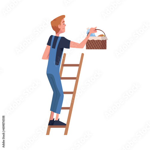 Man Construction Worker Character Climbing Ladder with Lunch Hamper Ready to Have Meal Vector Illustration