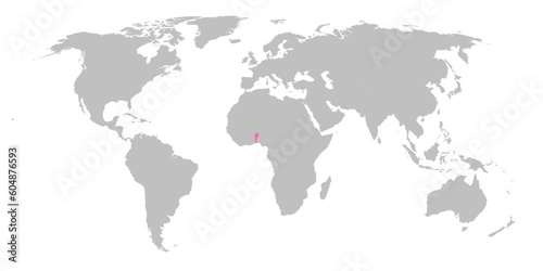 Vector map of the world with the country of Benin highlighted in Pink on grey white background.