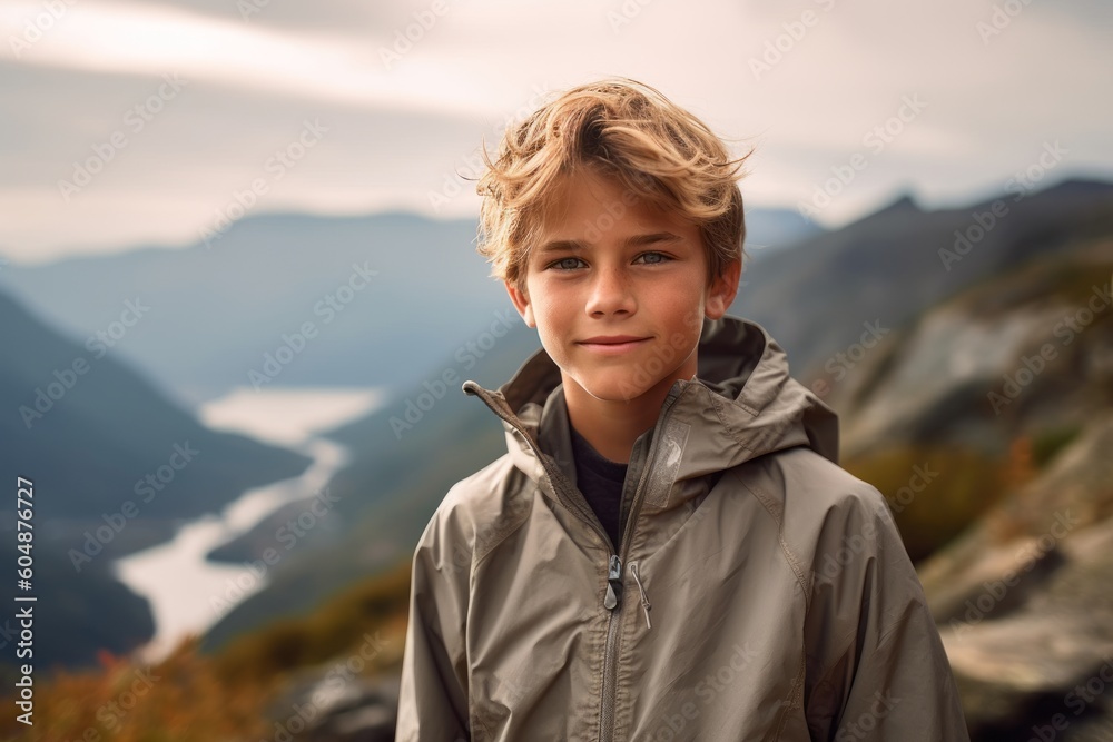 Medium shot portrait photography of a satisfied mature boy wearing a lightweight windbreaker against a scenic mountain trail background. With generative AI technology