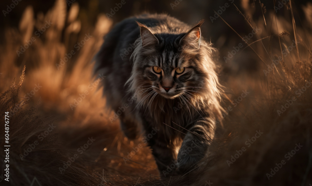 photo of Maine coon cat in tall grass at sunset. Generative AI