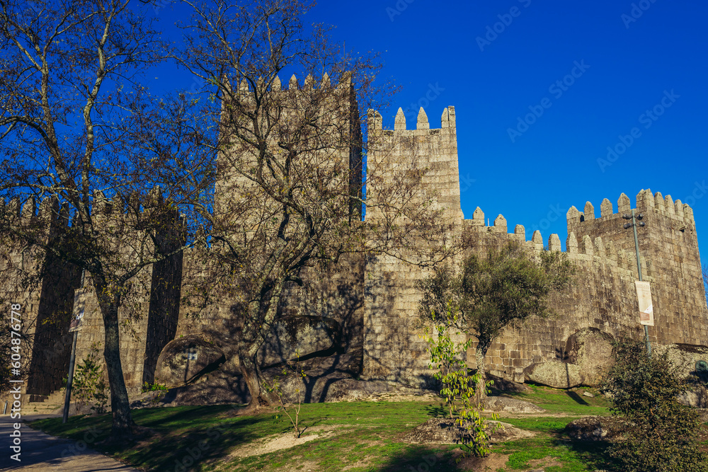Exterior of 10th century castle in Old Town of Guimaraes city in Portugal