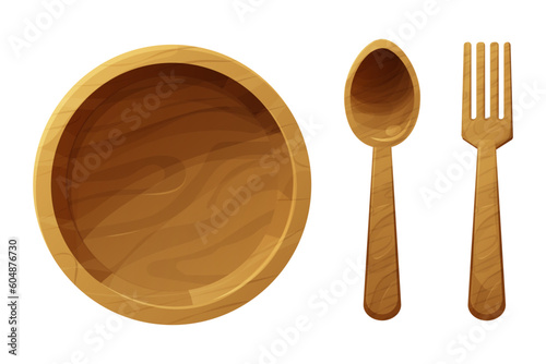 Set Wooden plate with spoon and fork, bowl top view in cartoon style isolated on white background. Textured kitchen rustic tableware, traditional.